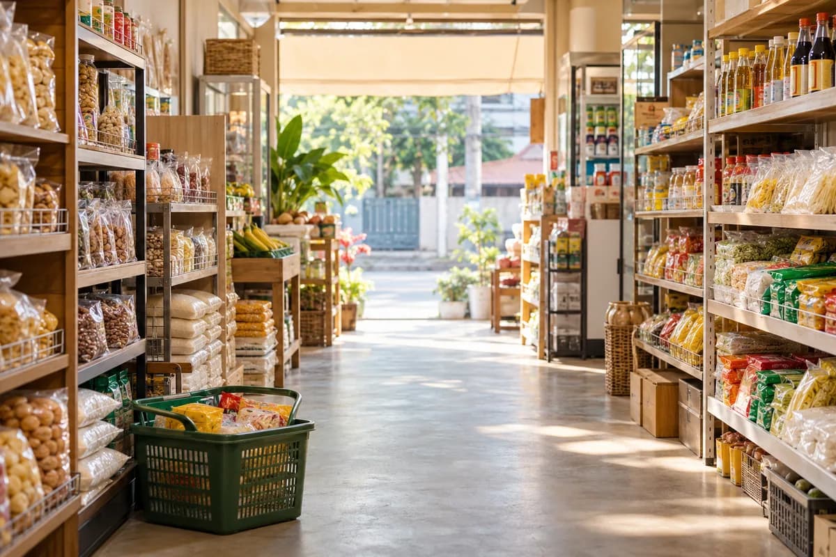 Organised local mini mart with everyday groceries and a shopping basket
