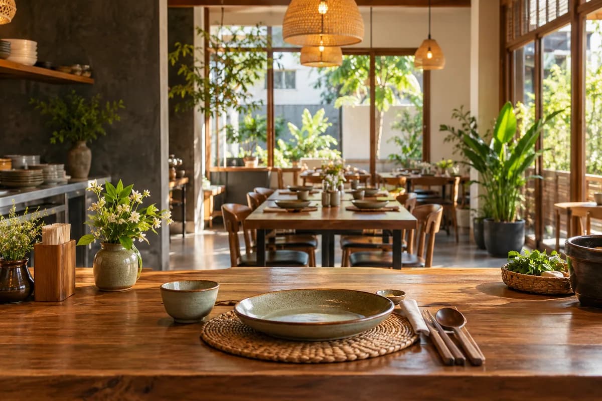 Welcoming restaurant with wooden tables and a bright counter