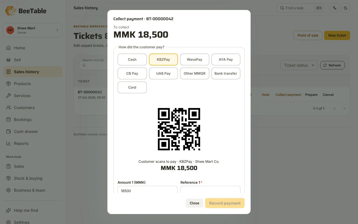 Payment screen showing the shop's KBZPay QR for the customer to scan